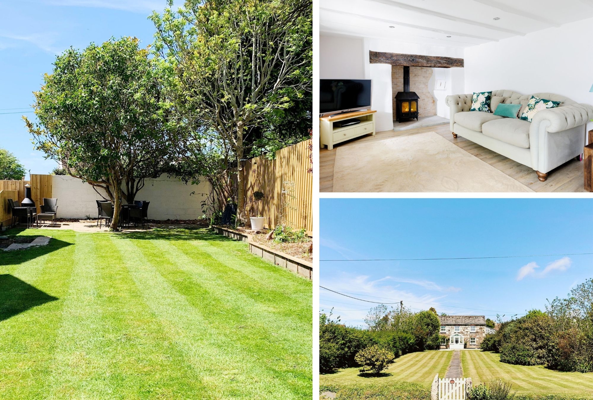 A collage of images of Little Bejowan cottage in Quintrell Downs, Newquay, Cornwall. You can see the green rear garden, the front lawns and a view of the lounge with wood burning fireplace.