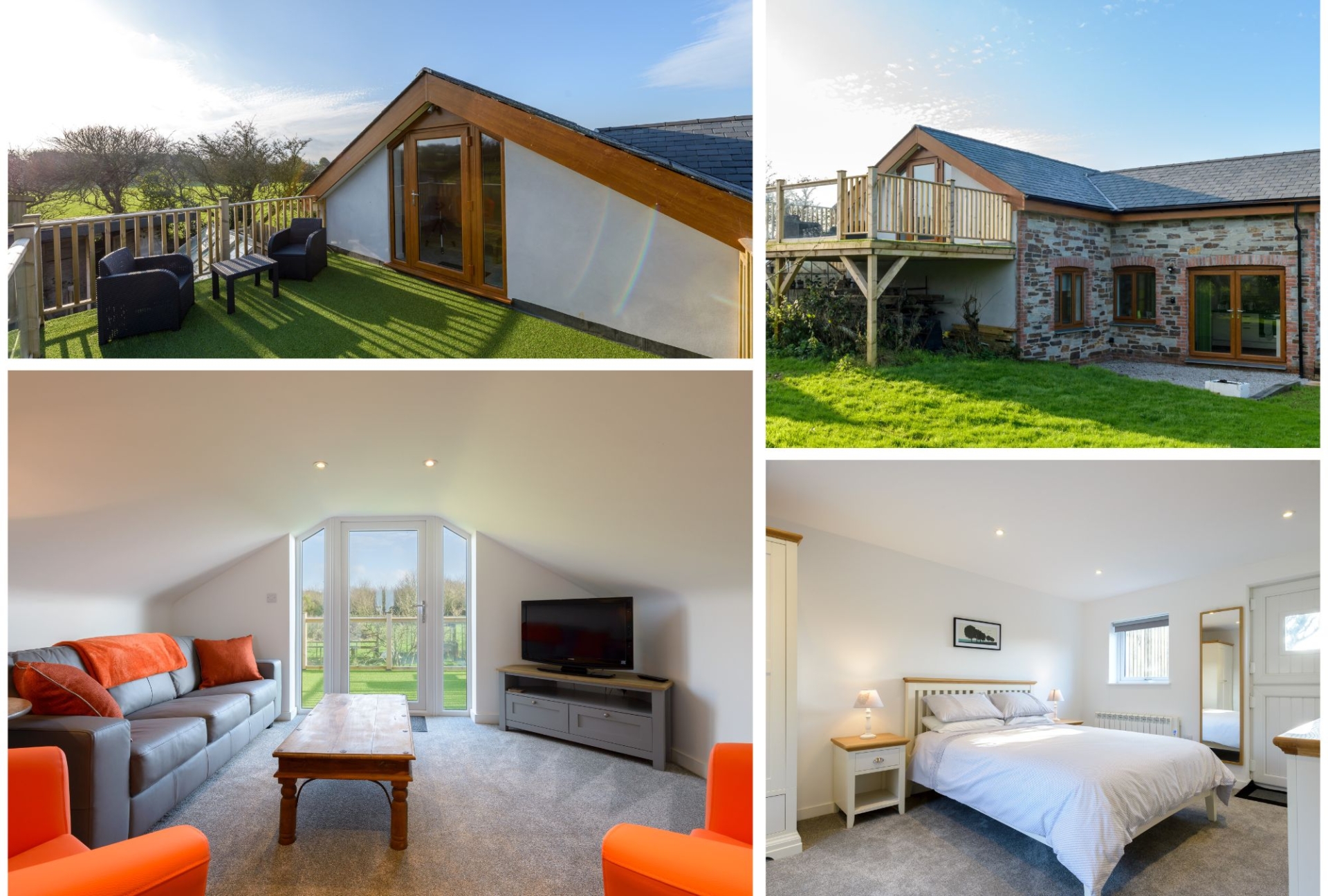 A collage of images of Ivy Chimney Cottage, Porthtowan, Cornwall. A view of from the outside surrounded by grass, a picture of the lounge and terrace overlooking the countryside and image of the bedroom with stable door out to the garden.