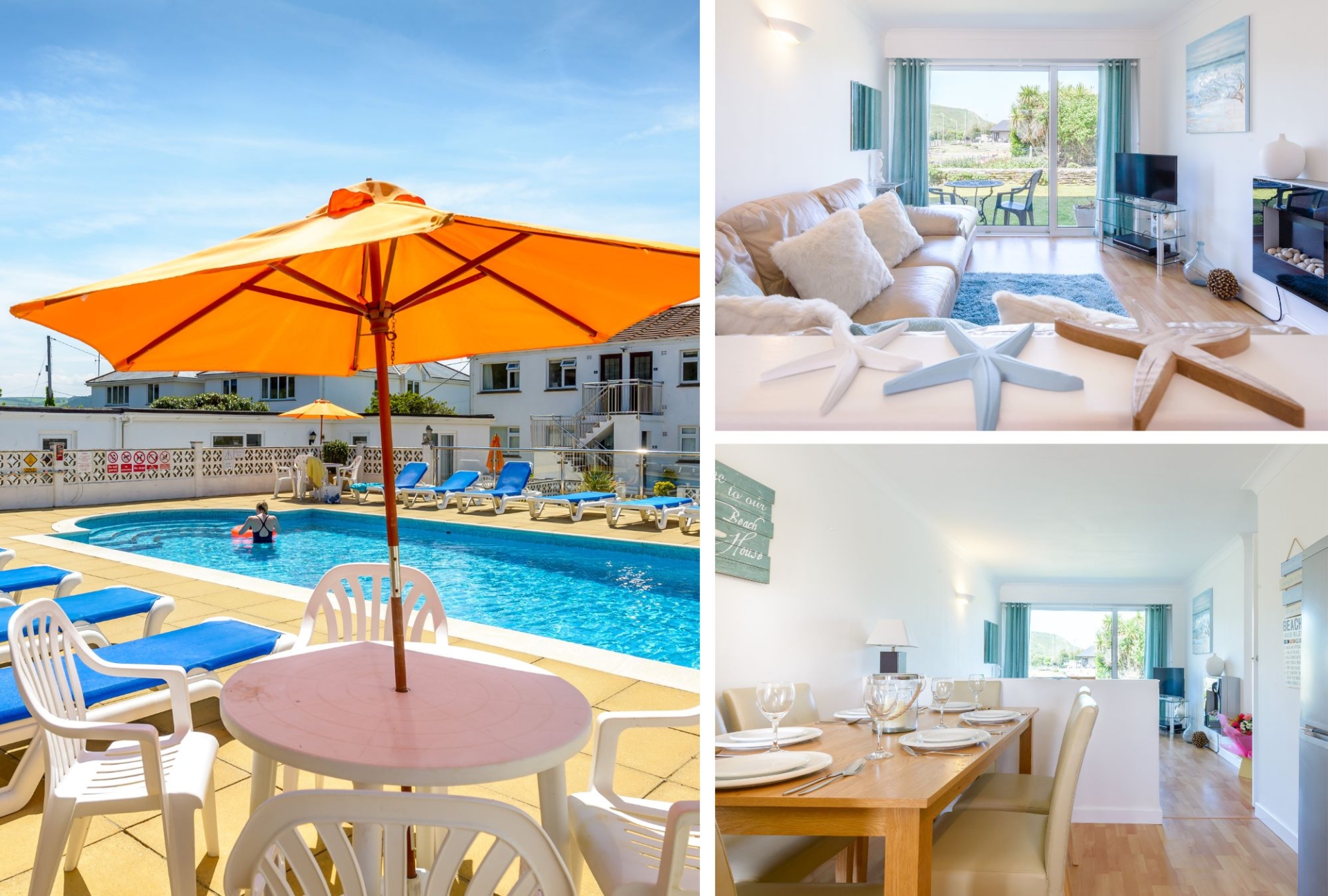 A collage of 3 Europa court, showing the outside swimming pool, lounge and kitchen.