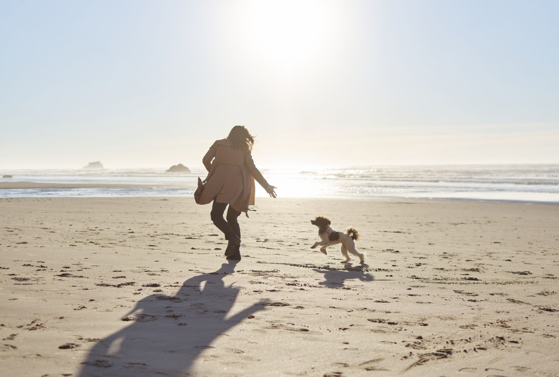 A woman runs on fistral beach with her dog by her side