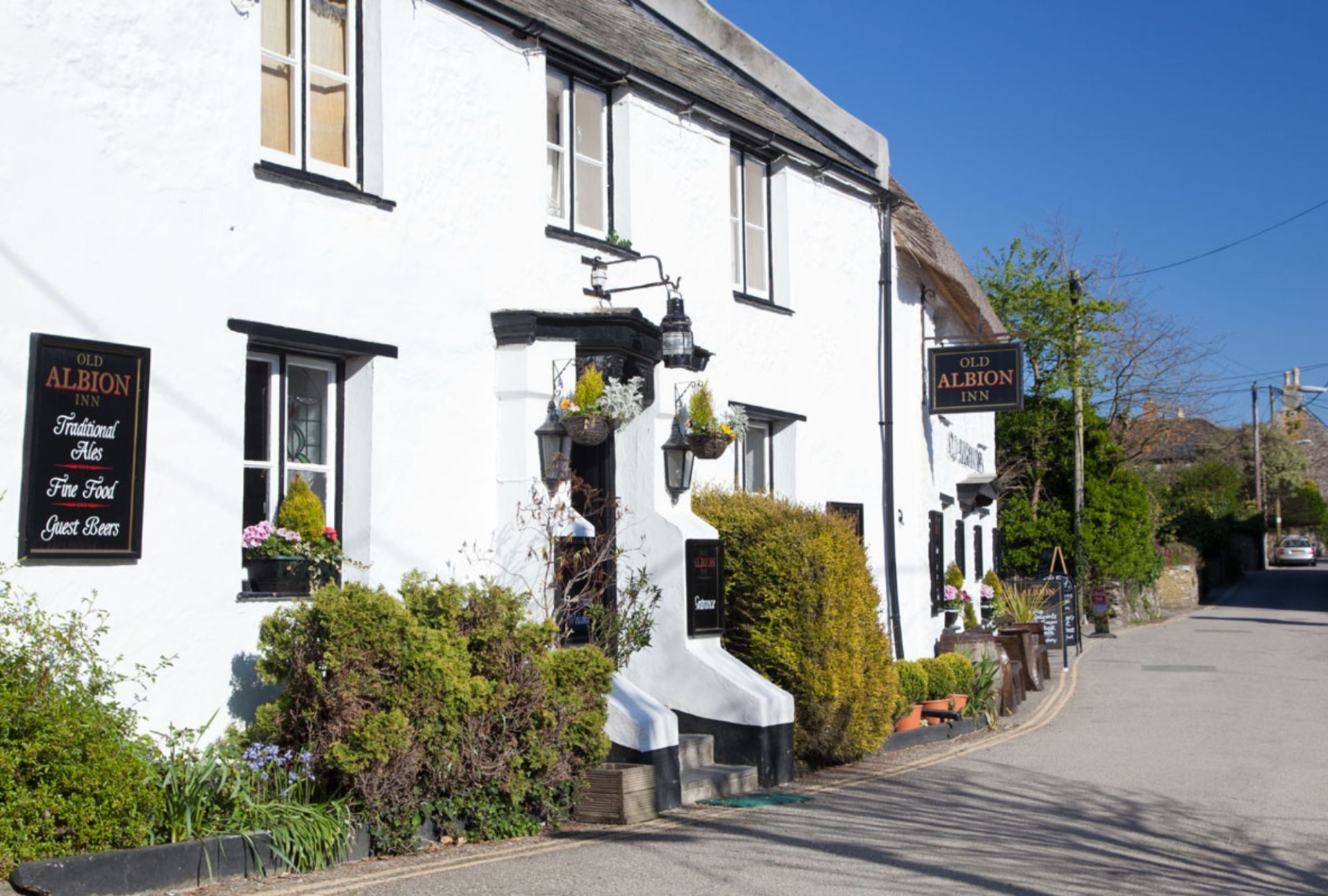 The outside of the Old Albion in Crantock, a old cornish pub painted white with a thatched roof