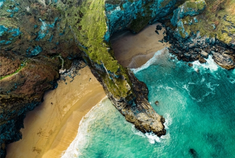 Ariel shot of a section of the south west coast path in cornwall